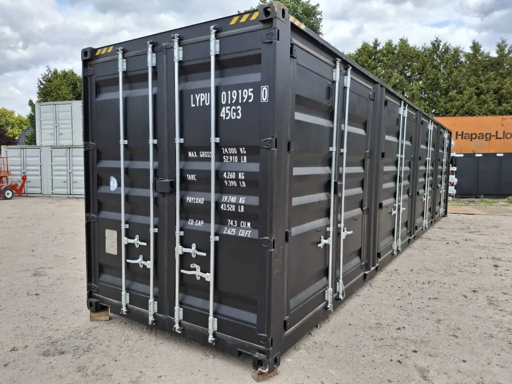 Zeecontainer met 4 zijdeuren 19,5 Ton | 40FT High Cube | Zwart | Rhino-Cross-Containers