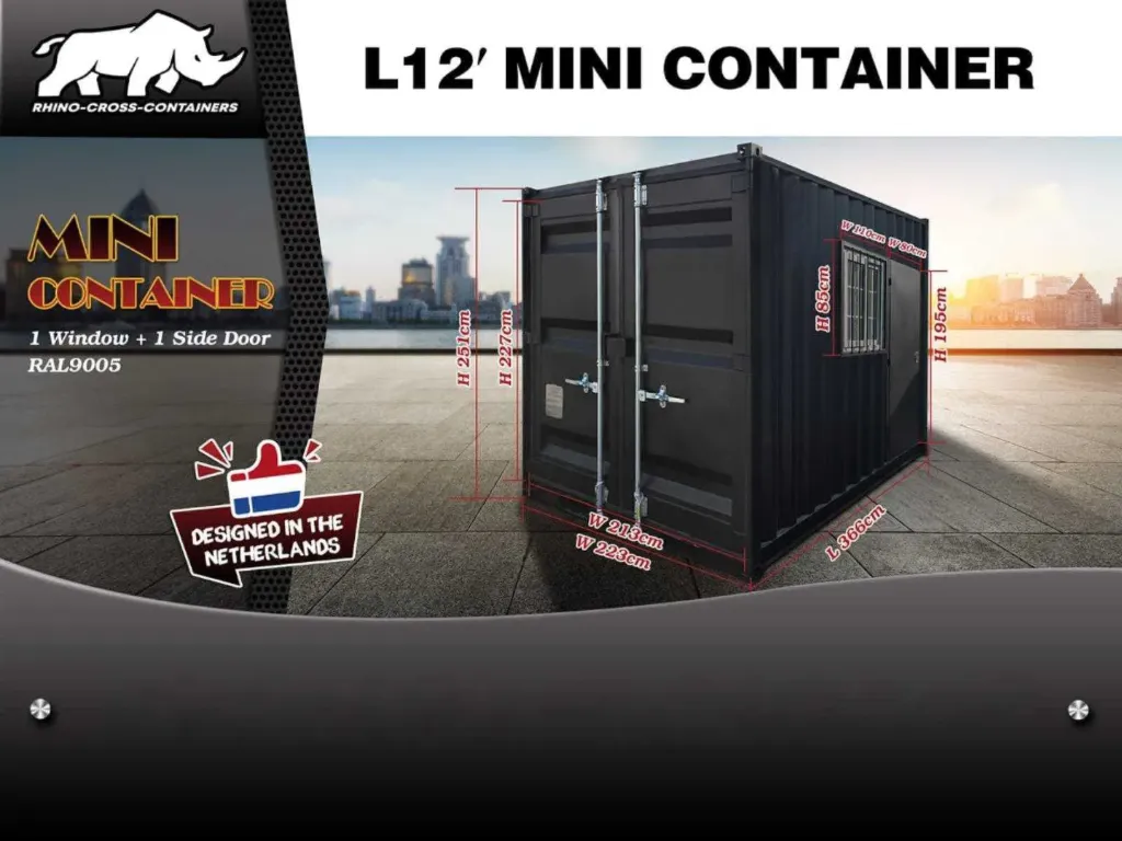 [00001] Mini container met deur en raam | 12ft | Zwart | Rhino-Cross-Containers