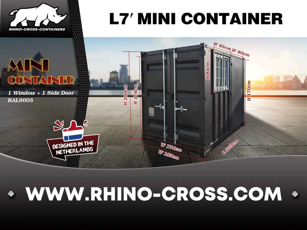 Mini container met deur en raam | 7ft | Zwart | Rhino-Cross-Containers
