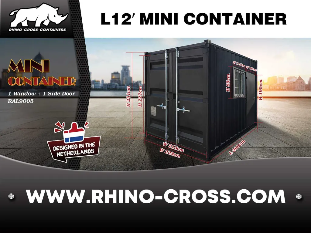 Mini container met deur en raam | 8ft | Zwart | Rhino-Cross-Containers