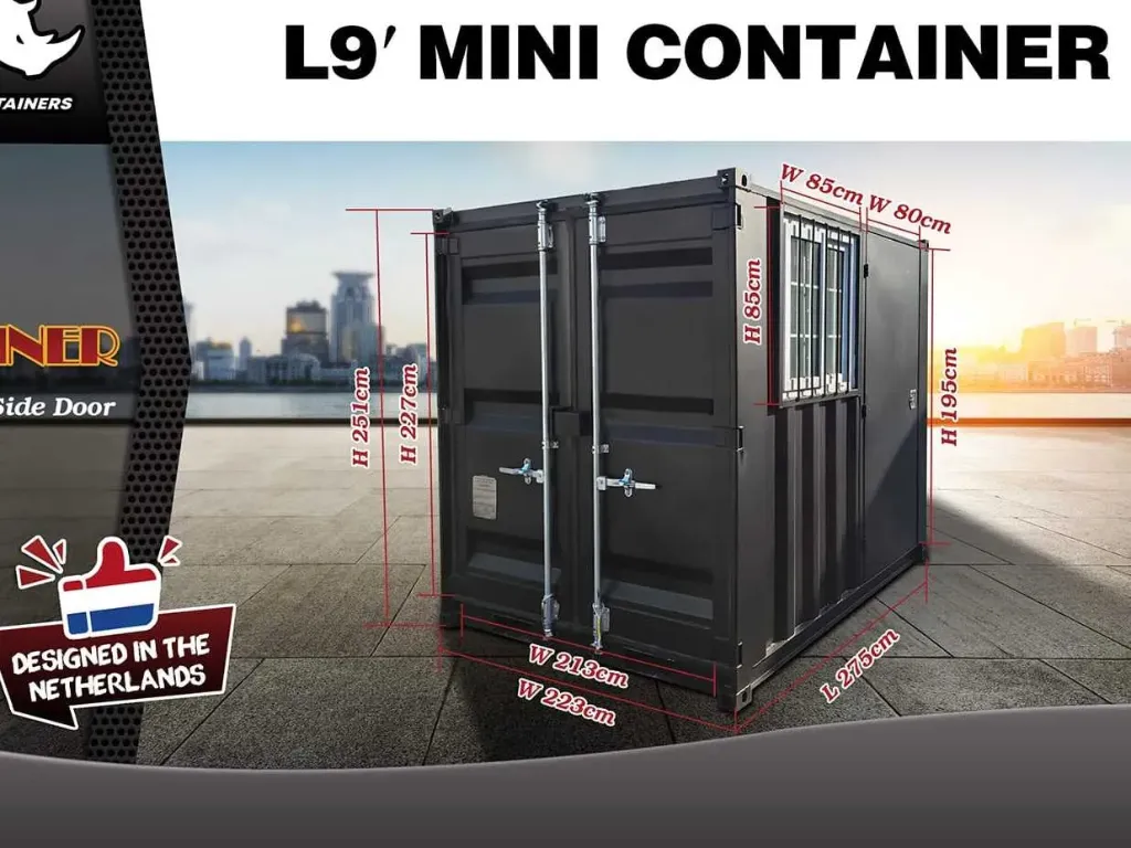 Mini container met deur en raam | 9ft | Zwart | Rhino-Cross-Containers