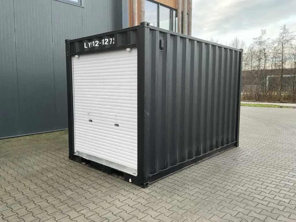 Mini container met roldeur 12ft | Zwart-Wit| Rhino-Cross-Containers
