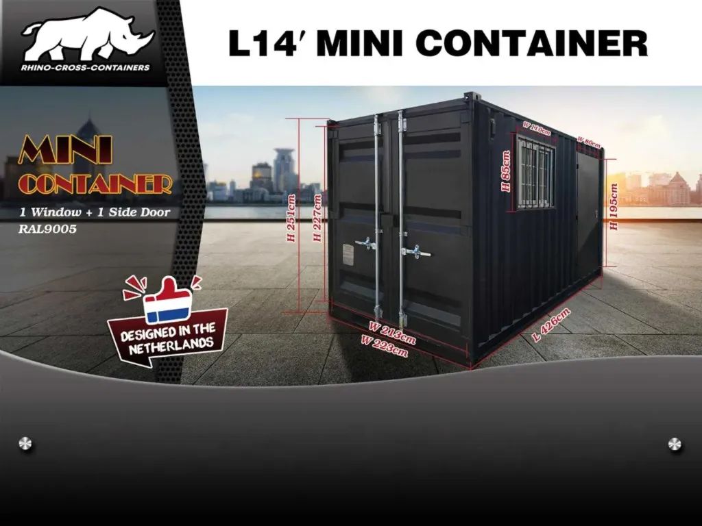 Mini container met deur en raam | 14ft | Zwart | Rhino-Cross-Containers