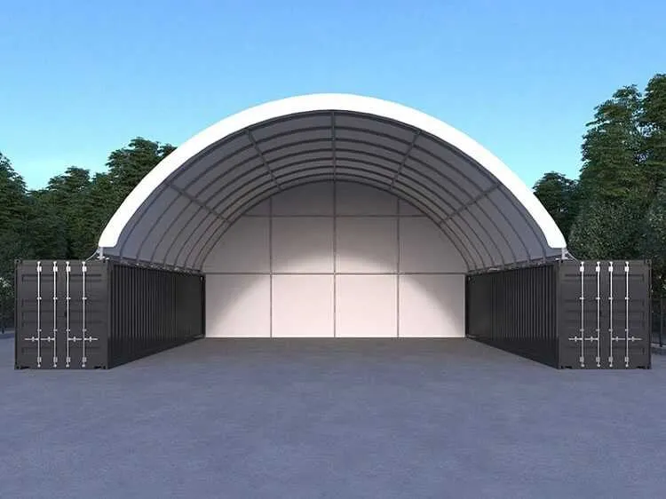 Opslagtent / Opslagshelter tussen 2 containers met eind zeil 12x12x4,5 m | C4040E | Rhino-Cross-Shelter