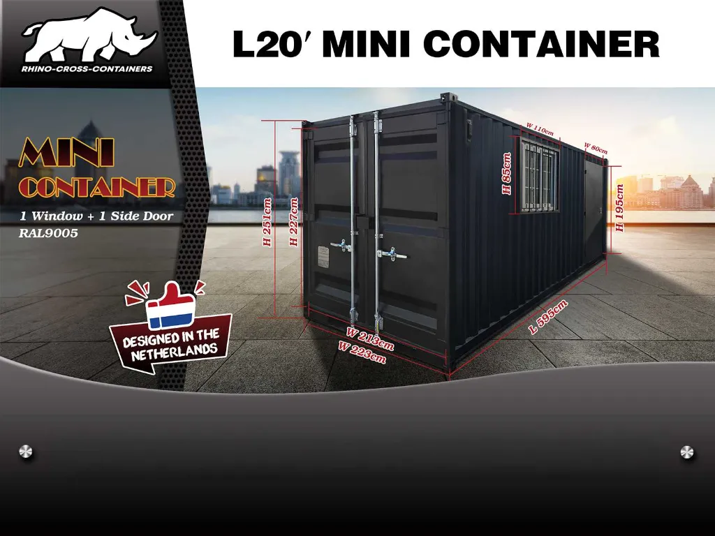 Mini container met deur en raam | 20ft | Zwart | Rhino-Cross-Containers