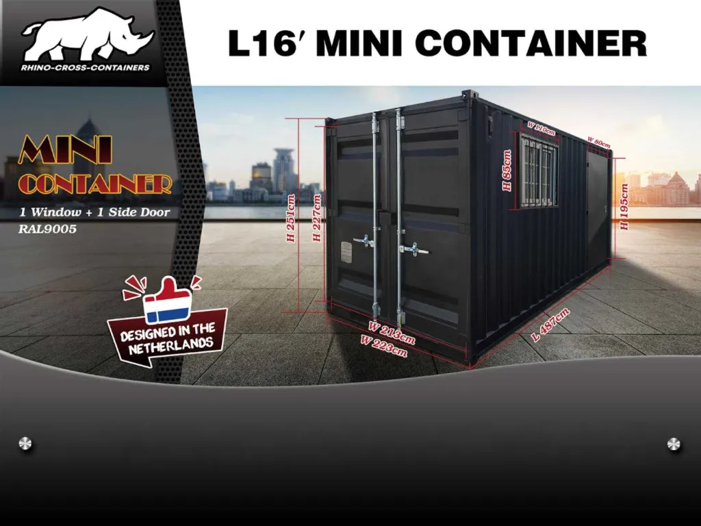 Mini container met deur en raam | 16ft | Zwart | Rhino-Cross-Containers