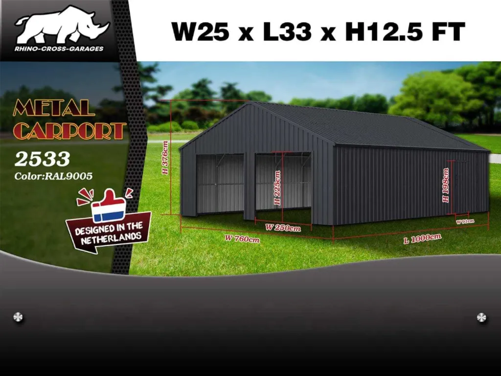 Loods/Garage Compleet met wand- en dakpanelen | 2533 10x7,6x3,76 m | Zwart | Rhino-Cross-Garages