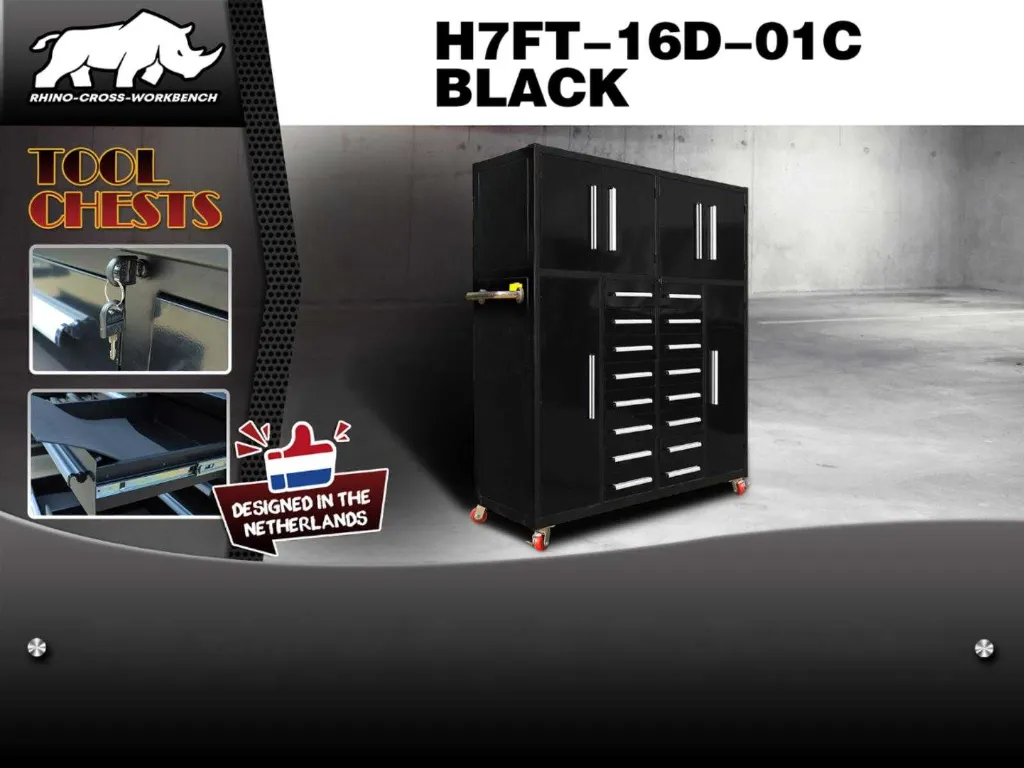 Werkbank 16 Lade 6 Deuren | H7FT-16D-01C | Zwart | Rhino-Cross-Workbench
