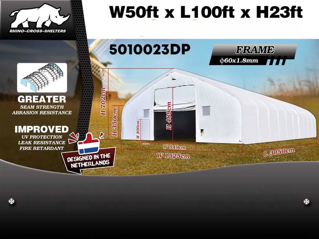 Opslagtent / Opslagshelter 30,5x15,25x7,015 m | 5010023DP | Wit | Rhino-Cross-Shelter