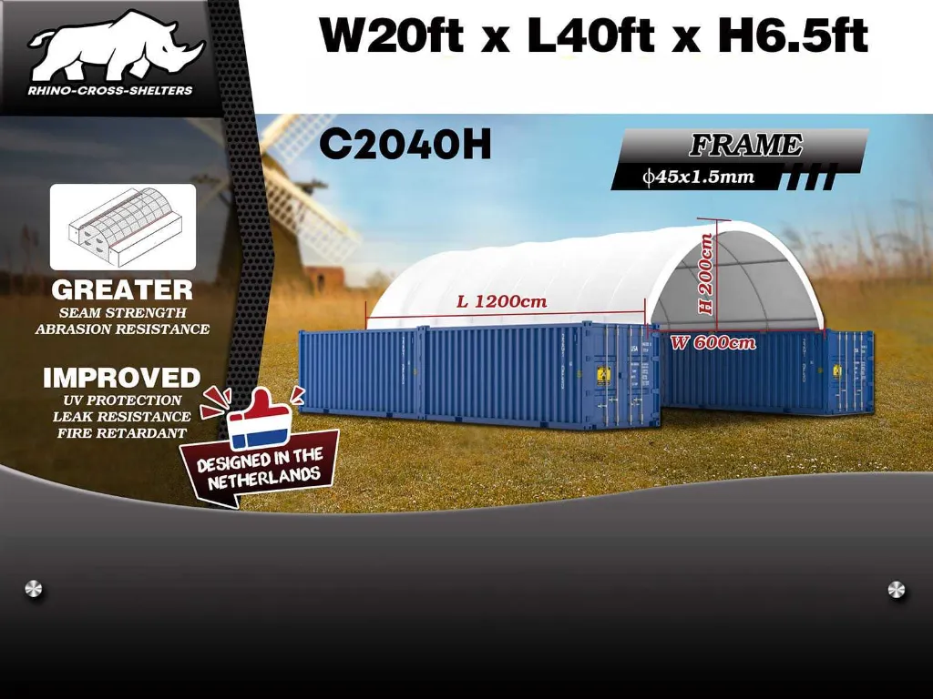 Opslagtent / Opslagshelter tussen 2 containers12x6x2 m met eindzeil | C2040H | Wit | Rhino-Cross-Shelter