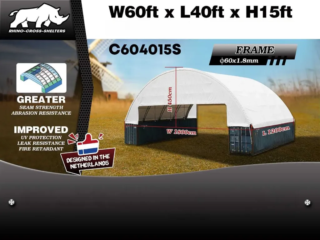 Opslagtent/Opslagshelter tussen 2 containers 12x18x4,5 m | C604015S | Wit | Rhino-Cross-Shelter